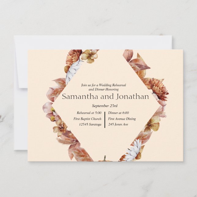 Invitación Moderno Naranja de otoño BOHO Boda ensayo Cena (Anverso)