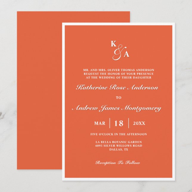 Invitación Moderno Naranja elegante brillante Monograma Boda (Anverso / Reverso)