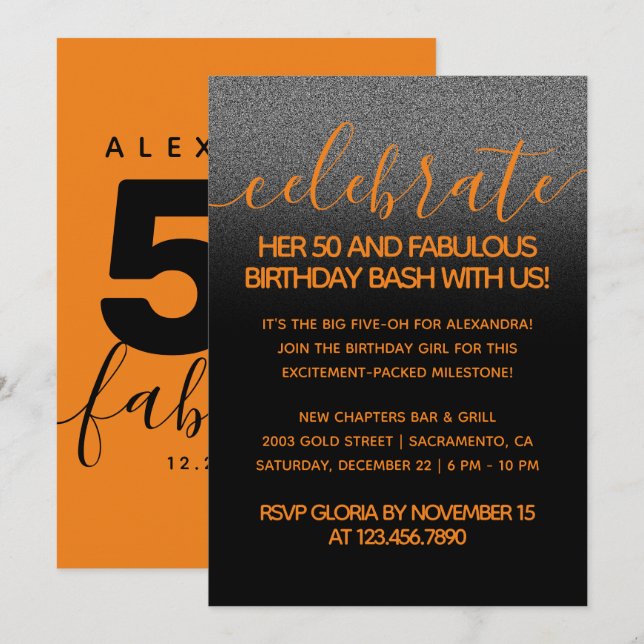 Invitación Moderno Naranja Girly 50 y fabuloso (Anverso / Reverso)