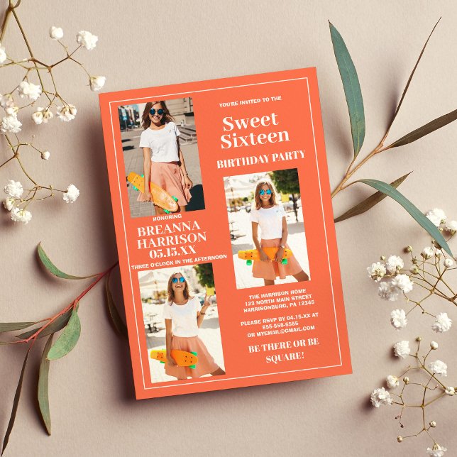 Invitación Moderno Naranja simple foto blanca dulce dieciséis (Modern Simple Orange White Photo Sweet Sixteen )
