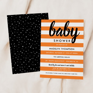 Invitación Moderno Naranja Stripes Halloween Baby Shower