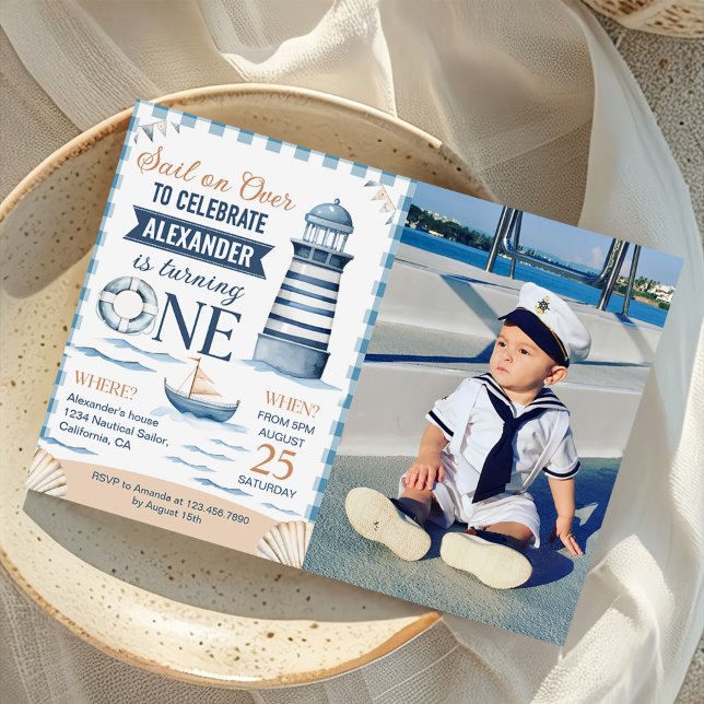 Invitación Moderno Nautical Blue Boy foto de primer cumpleaño (Subido por el creador)