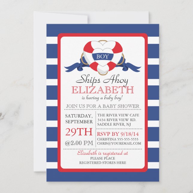 Invitación Moderno Nautical Heart Buoy Boy Baby Shower (Anverso)