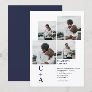 Invitación Moderno negrita azul marino 4 fotos boda de cuadrí