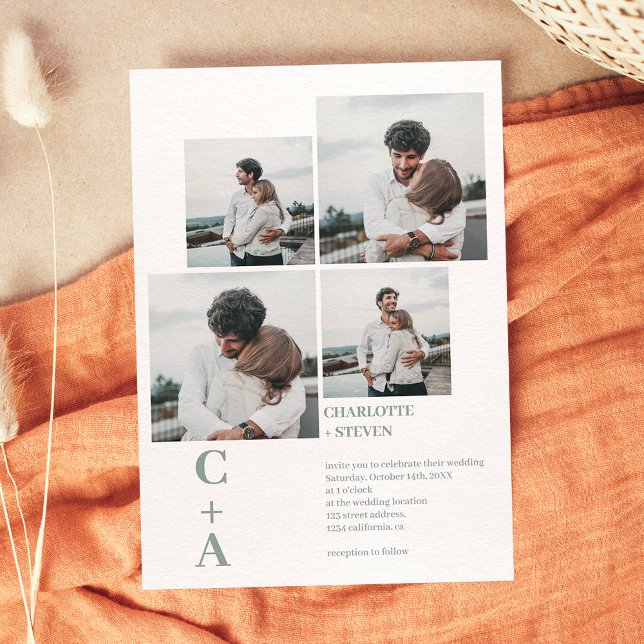 Invitación Moderno negrita sage verde 4 fotos boda de cuadríc (Subido por el creador)