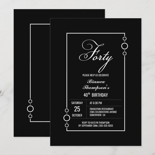 Invitación Moderno negro 40.º Fiesta de cumpleaños (Anverso / Reverso)