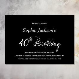 Invitación Moderno negro 40.º Fiesta de cumpleaños