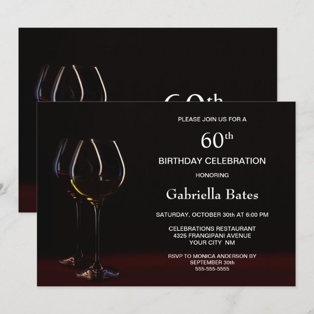 Invitación Moderno negro 60 Fiesta de Vidrio de Cumpleaños (Anverso / Reverso)