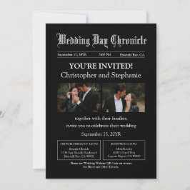 Invitación Moderno negro dos fotos Boda de periódico QR Code