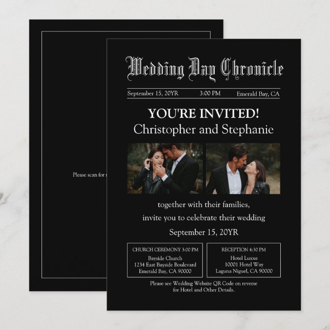 Invitación Moderno negro dos fotos Boda de periódico QR Code (Anverso / Reverso)