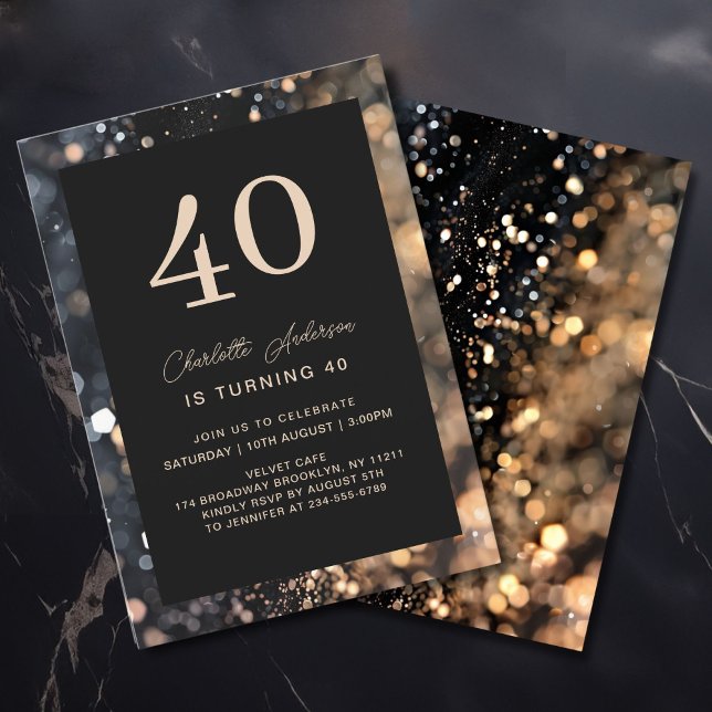 Invitación Moderno, Negro, Oro, Purpurina, 40. Cumpleaños (Modern, Black, Gold, Glitter, Glamour, 40. Birthday Invitation)