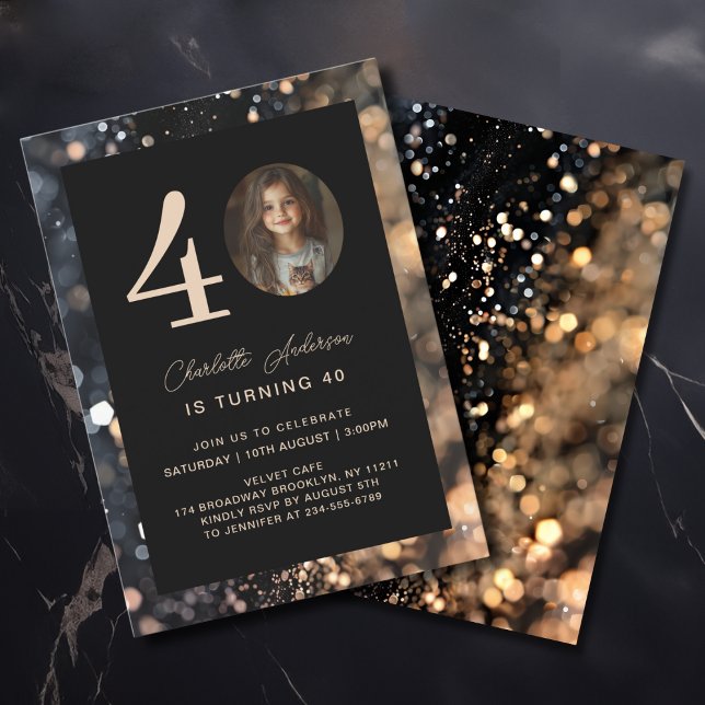 Invitación Moderno, Negro, Oro, Purpurina, Foto, 40. Cumpleañ (Modern, Black, Gold, Glitter, Photo, 40. Birthday Invitation)