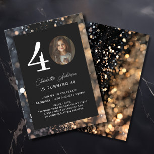 Invitación Moderno, Negro, Oro, Purpurina, Foto, 40. Cumpleañ