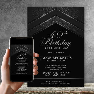 Invitación Moderno negro plateado 40.º Fiesta de cumpleaños