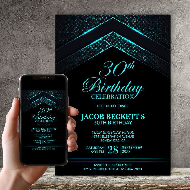 Invitación Moderno negro Verde azulado 30.º Fiesta de cumplea (Subido por el creador)