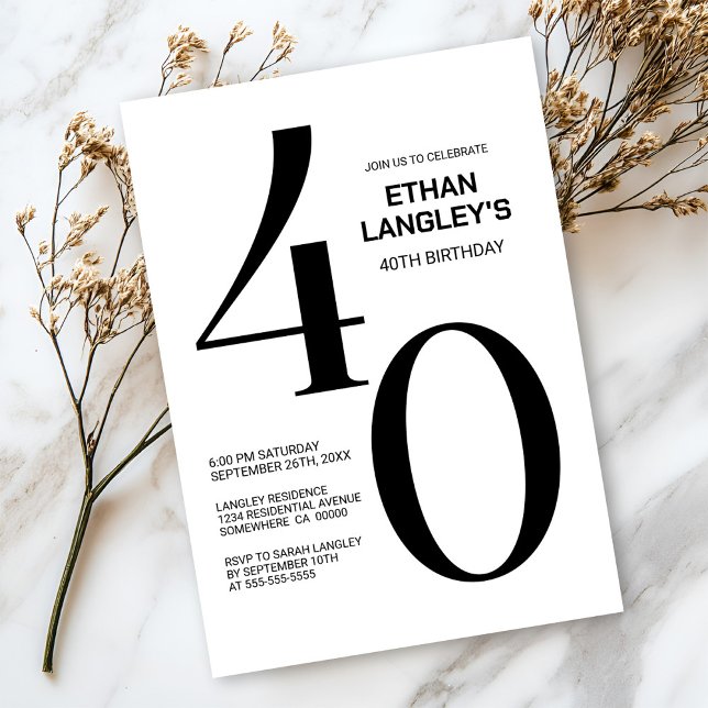 Invitación Moderno negro y blanco 40° Fiesta de cumpleaños (Subido por el creador)