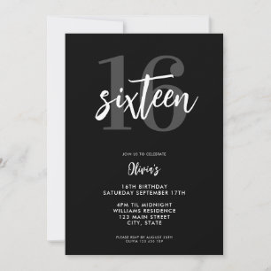 Invitación Moderno negro y blanco elegante 16º cumpleaños