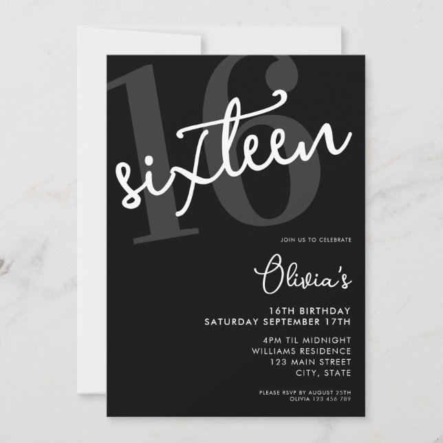 Invitación Moderno negro y blanco elegante 16º cumpleaños (Anverso)