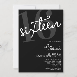 Invitación Moderno negro y blanco elegante 16º cumpleaños