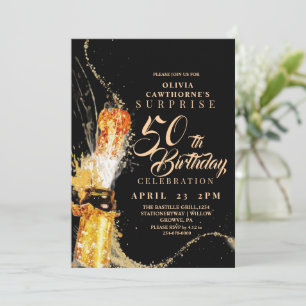 Invitación Moderno negro y oro Champagne 50 cumpleaños