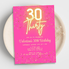 Invitación Moderno Neon Glow Hot Pink Gold Purpurina 30 Cumpl