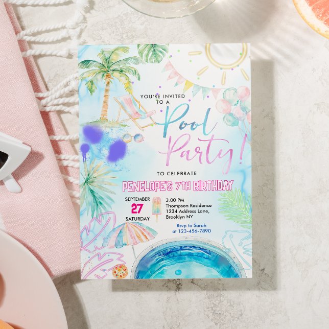 Invitación Moderno Neon Glow Watercolor Pool Fiesta Cumpleaño (Subido por el creador)
