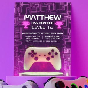 Invitación Moderno Neon Video Game Controller Niños Adolescen