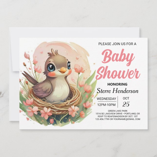 Invitación Moderno Nest Whimsical Bird Baby Shower (Anverso)