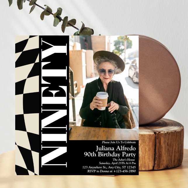 Invitación Moderno Noventa Black 90th Birthday Party Photo (Subido por el creador)