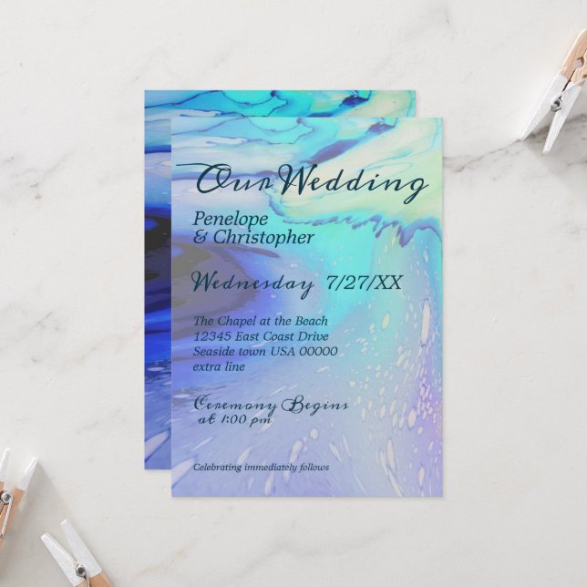 Invitación Moderno Ocean Water Blue Abstract Beach Wedding (Anverso/Reverso In Situ)