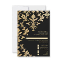 Moderno Offset Gold y Black Damask Wedding RSVP