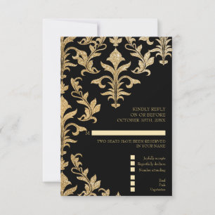 Invitación Moderno Offset Gold y Black Damask Wedding RSVP
