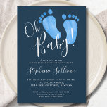 Invitación Moderno Oh Baby Boy Navy Blue Baby Shower<br><div class="desc">Envíe estas simples y elegantes invitaciones a la familia y amigos para una ducha de bebé. Están decoradas con una tipografía moderna y unos pies de bebé color acuático pintados a mano en azul pastel sobre un fondo azul marino oscuro. Personalizable fácil. Porque creamos nuestra obra de arte no encontrarás...</div>