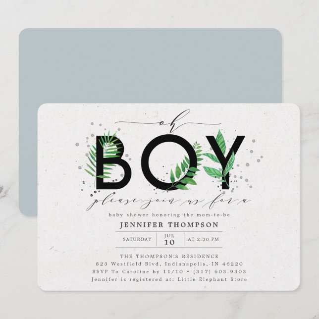 Invitación Moderno Oh Boy Blue Tropical Greenereneration Baby (Anverso / Reverso)