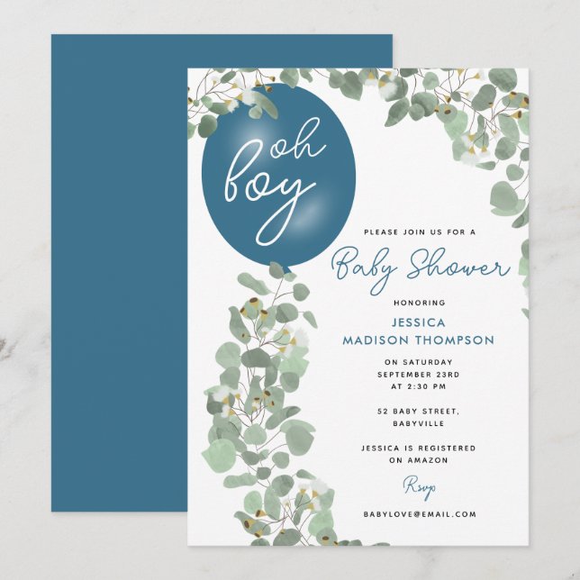 Invitación Moderno Oh Boy Eucalyptus Blue Balloon Baby Shower (Anverso / Reverso)