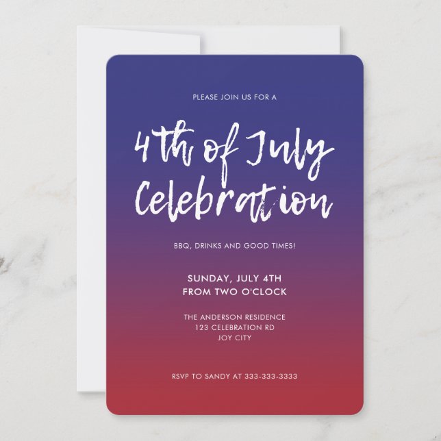Invitación Moderno Ombre Rojo Azul Rojo 4 de Julio Independen (Anverso)