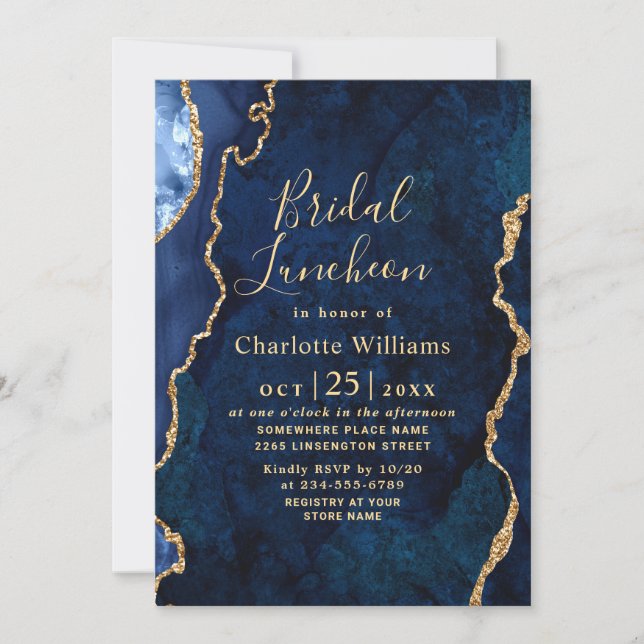 Invitación Moderno oro azul de mármol Agate Bridal Luncheon (Anverso)