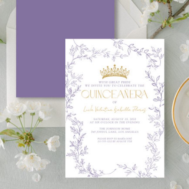 Invitación Moderno Oro Morado Botánico Floral Quinceañera (Subido por el creador)