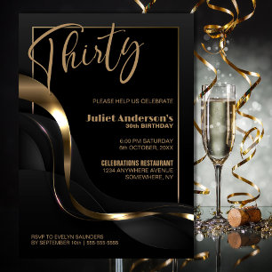 Invitación Moderno Oro Negro 30 Fiesta de cumpleaños