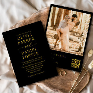Invitación Moderno Oro Negro Código QR Foto Elegante Boda