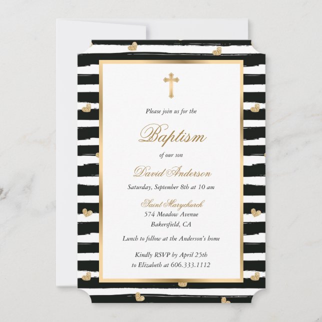 Invitación Moderno Oro Negro Cruza el Bautismo (Anverso)