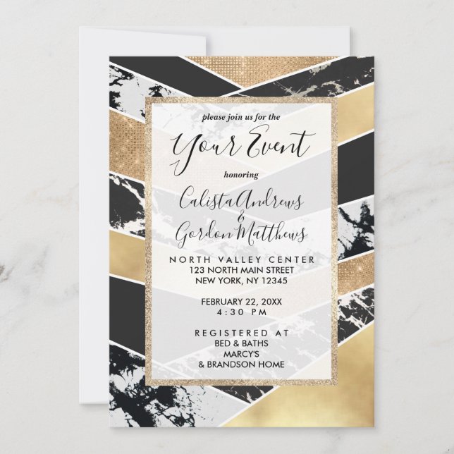 Invitación Moderno Oro Negro Purpurina Blanco Marble Geométri (Anverso)