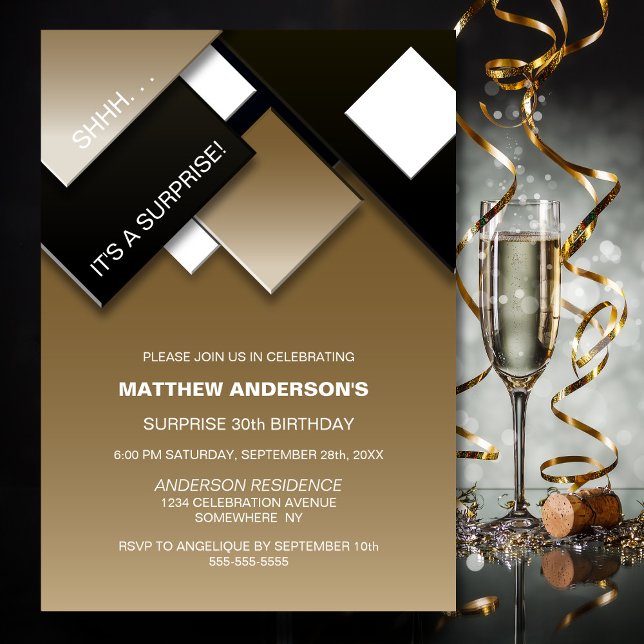 Invitación Moderno Oro Negro Sorpresa 30 Fiesta de cumpleaños (Subido por el creador)