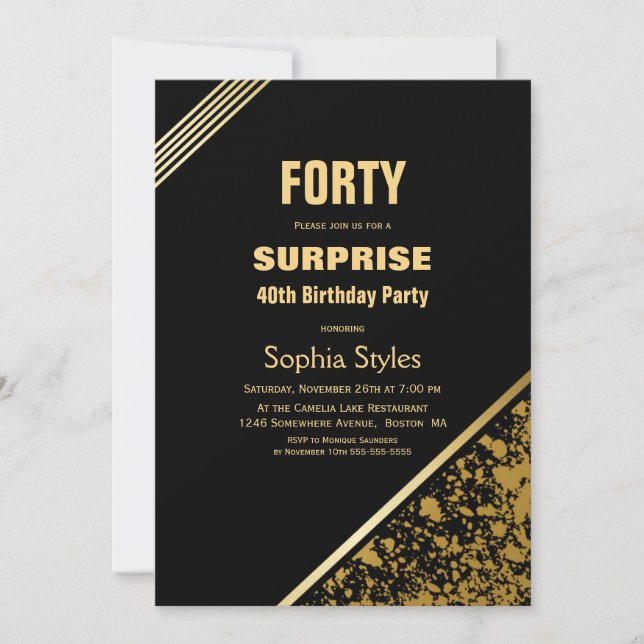Invitación Moderno Oro Negro Sorpresa 40 Fiesta de cumpleaños (Anverso)