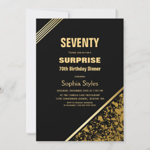 Invitación Moderno Oro Negro Sorpresa 70 cumpleaños cena
