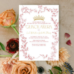 Invitación Moderno Oro Rojo Botánico Floral Quinceañera