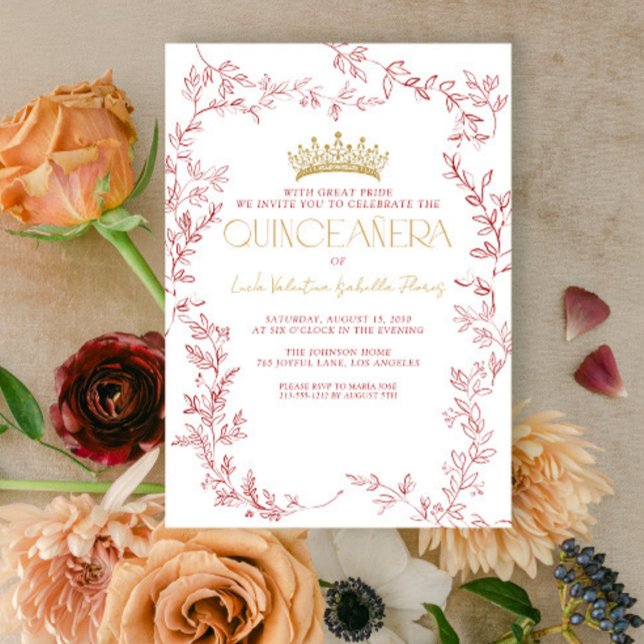 Invitación Moderno Oro Rojo Botánico Floral Quinceañera (Subido por el creador)