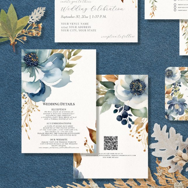 Invitación Moderno otoño floral elegante azul y detalles de m (Subido por el creador)