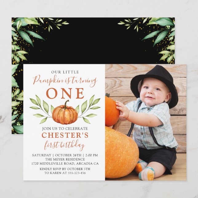 Invitación Moderno Otoño Pequeña Calabaza Primera Fotos de Cu (Anverso / Reverso)