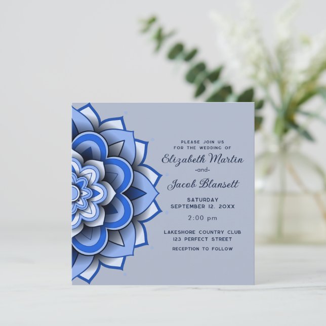 Invitación Moderno papel azul recortado Mandala Boda (Anverso de pie)